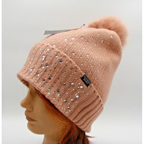 NEW Victorias Secret Rhinestone Embellished Pom Pom Hat Beanie Sparkle OS Blush - Picture 10 of 10